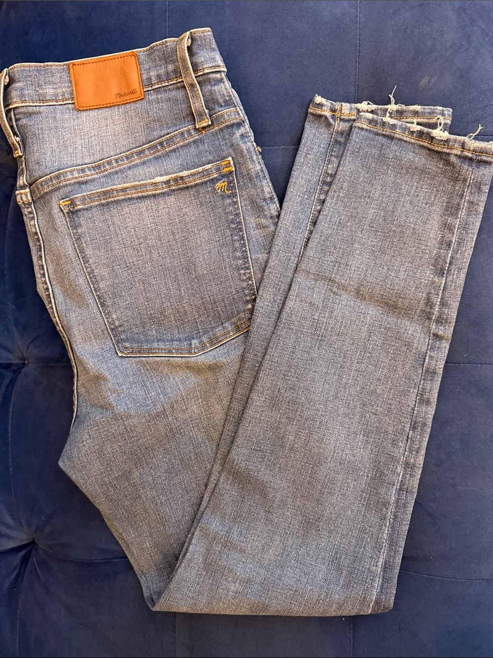 Madewell Light Blue Straight-Leg Jeans with Tan Leather Patch